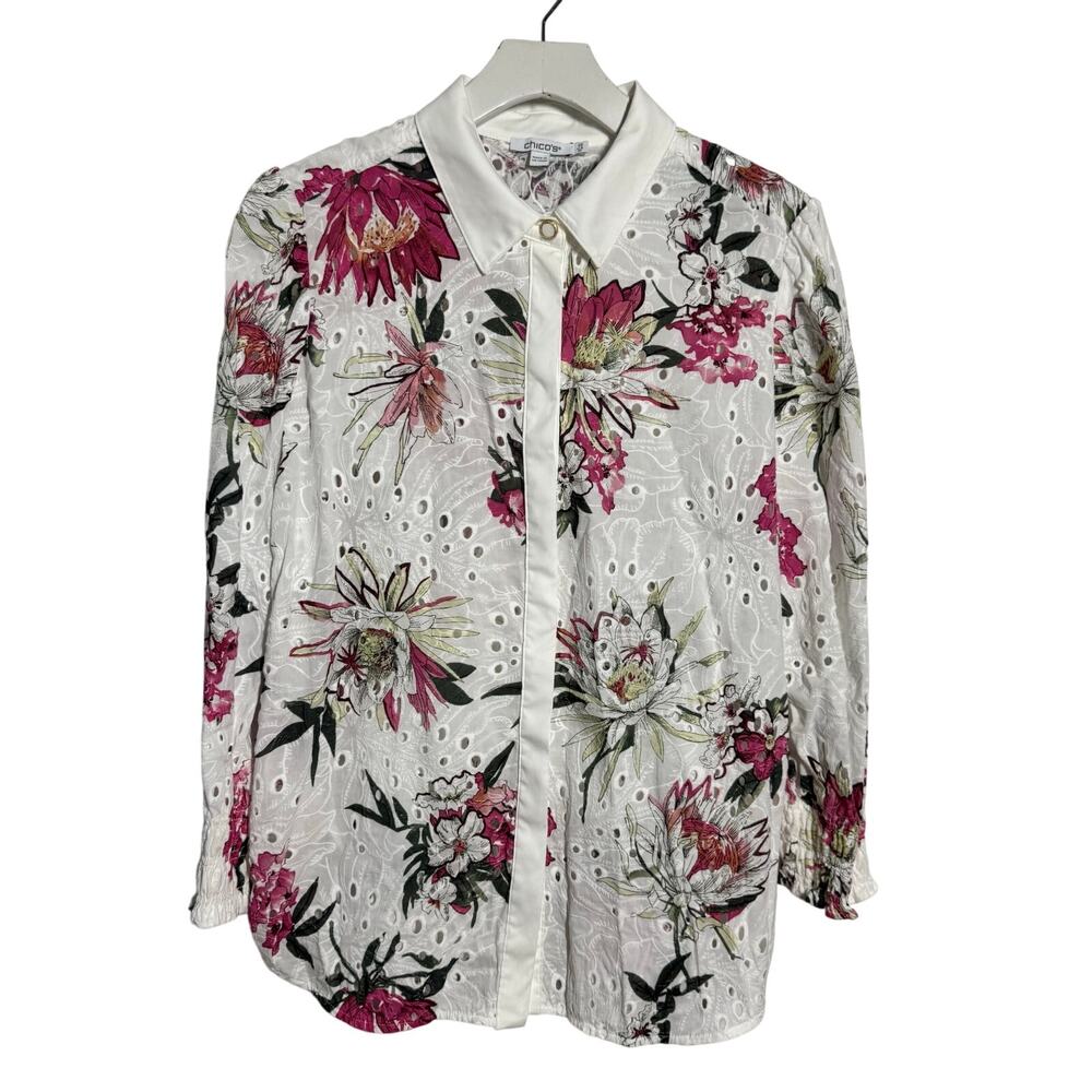 Chico's Floral Eyelet Button Up Blouse Top Women 1.5 (10) Boho Preppy Cottage